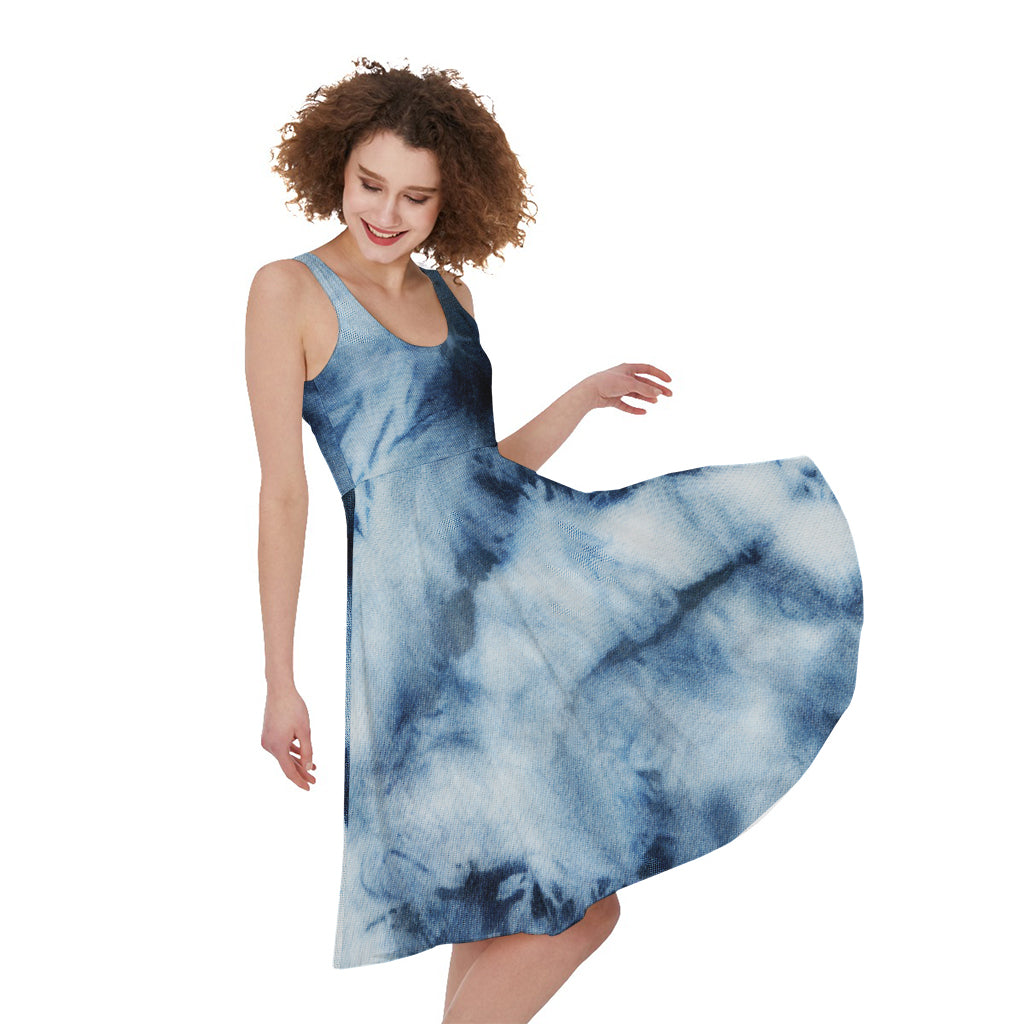 Blue And Black Acid Wash Tie Dye Print Women's Sleeveless Dress