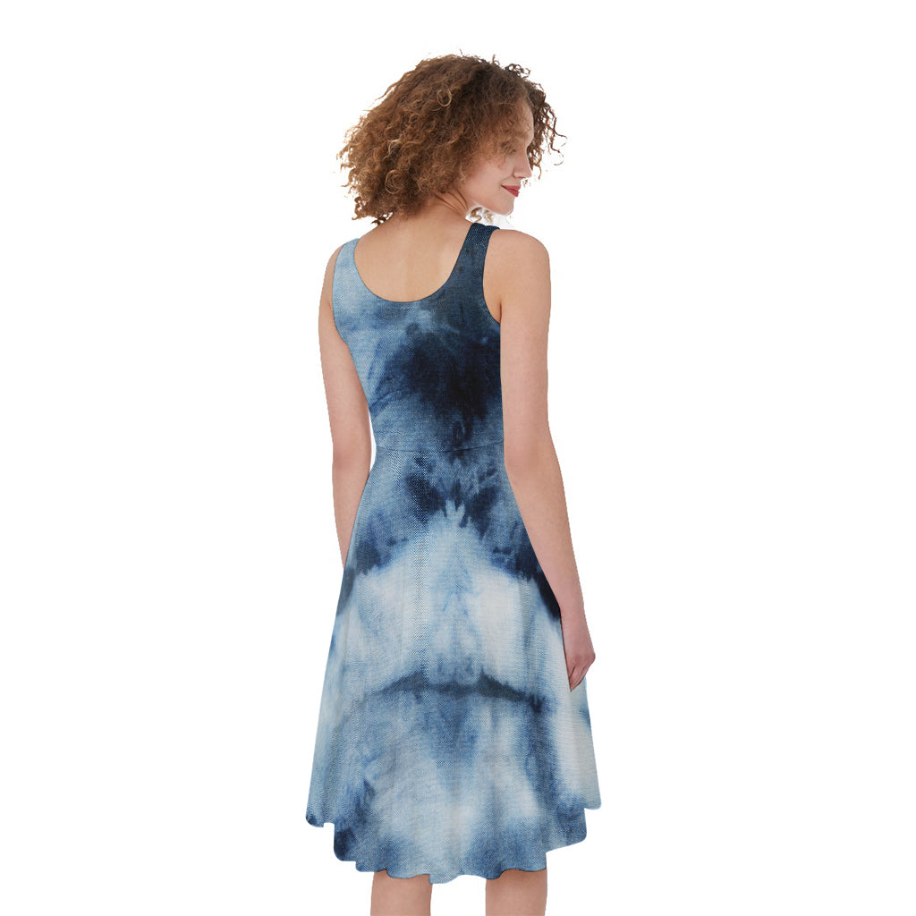 Blue And Black Acid Wash Tie Dye Print Women's Sleeveless Dress