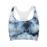 Blue And Black Acid Wash Tie Dye Print Women's Sports Bra