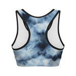 Blue And Black Acid Wash Tie Dye Print Women's Sports Bra