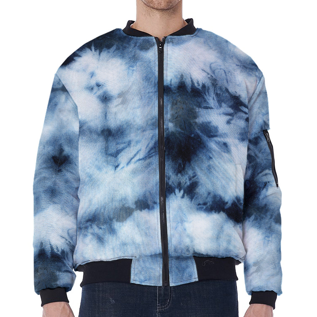 Blue And Black Acid Wash Tie Dye Print Zip Sleeve Bomber Jacket