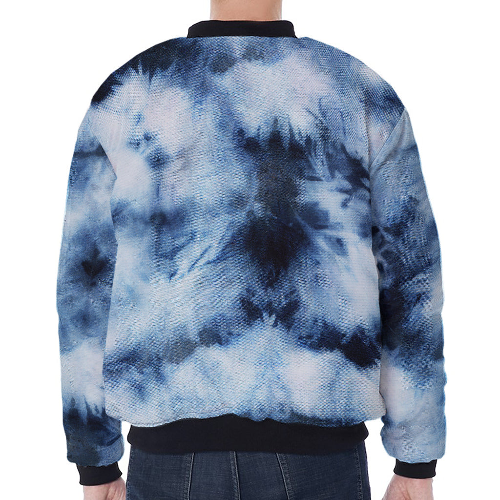Blue And Black Acid Wash Tie Dye Print Zip Sleeve Bomber Jacket