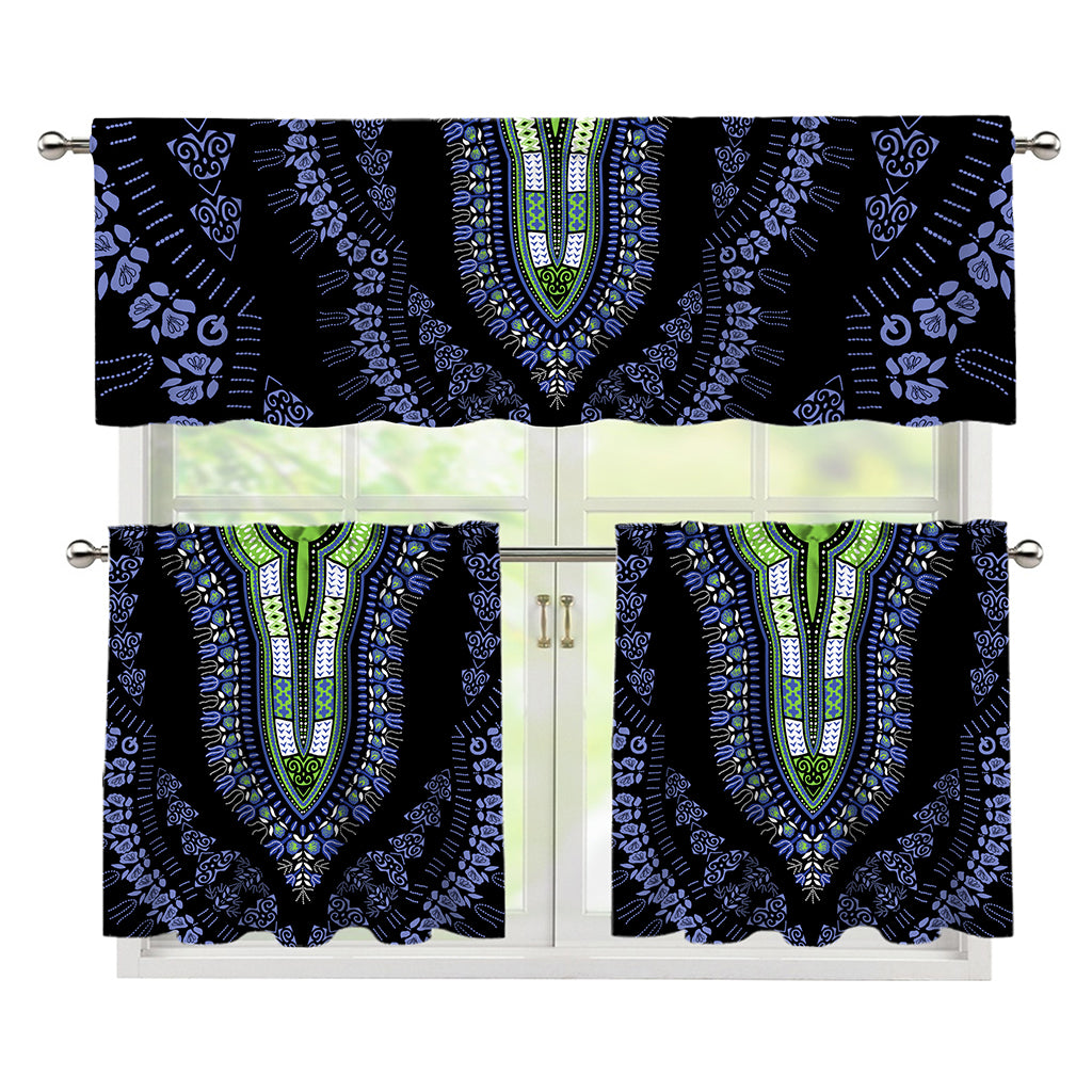 Blue And Black African Dashiki Print 3 Piece Kitchen Curtains