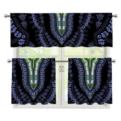 Blue And Black African Dashiki Print 3 Piece Kitchen Curtains