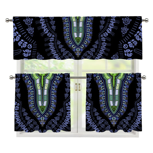Blue And Black African Dashiki Print 3 Piece Kitchen Curtains