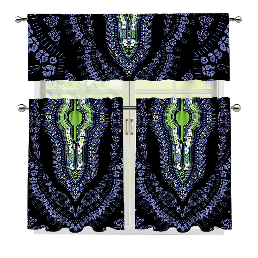 Blue And Black African Dashiki Print 3 Piece Kitchen Curtains