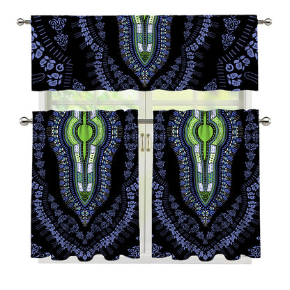 Blue And Black African Dashiki Print 3 Piece Kitchen Curtains