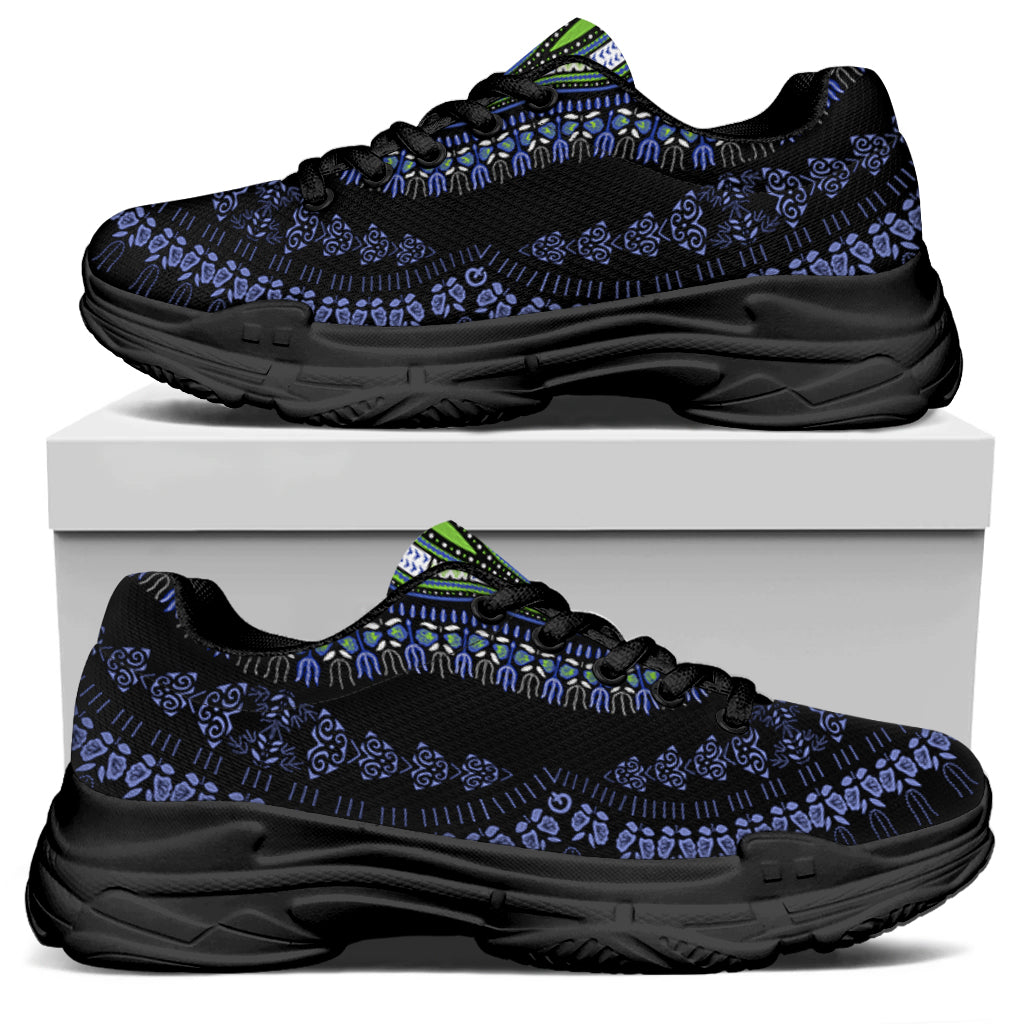Blue And Black African Dashiki Print Black Chunky Shoes