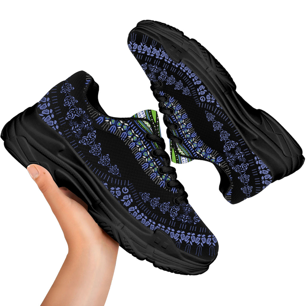 Blue And Black African Dashiki Print Black Chunky Shoes