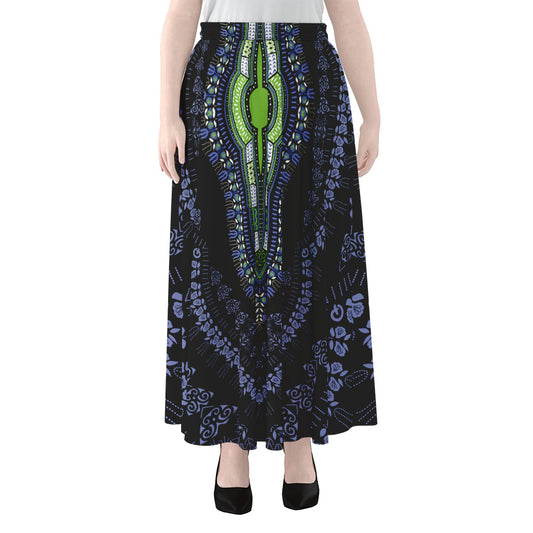 Blue And Black African Dashiki Print Chiffon Maxi Skirt