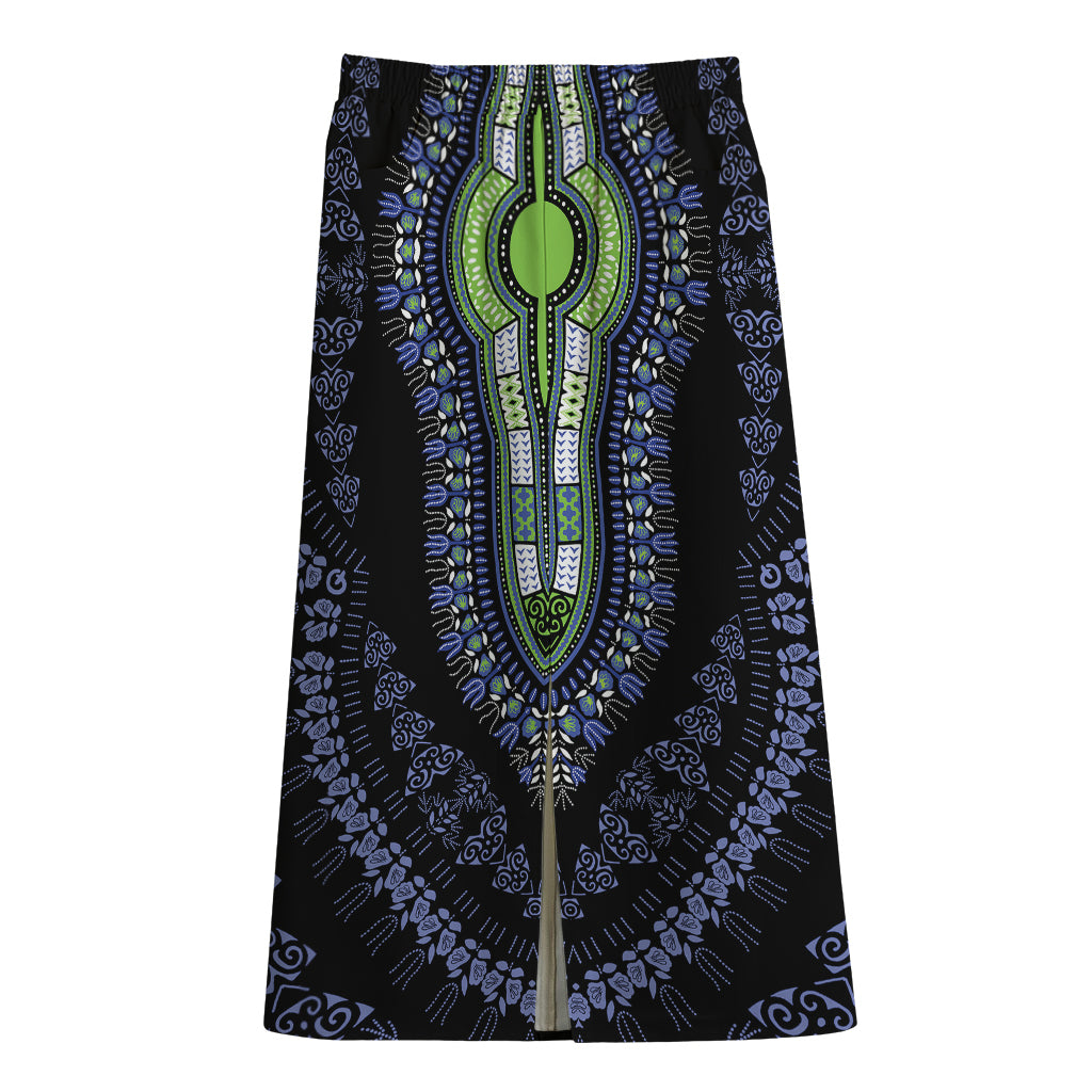 Blue And Black African Dashiki Print Cotton Front Slit Maxi Skirt
