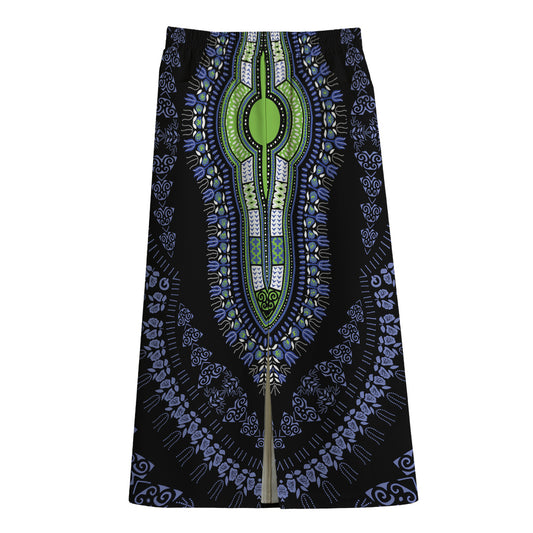 Blue And Black African Dashiki Print Cotton Front Slit Maxi Skirt
