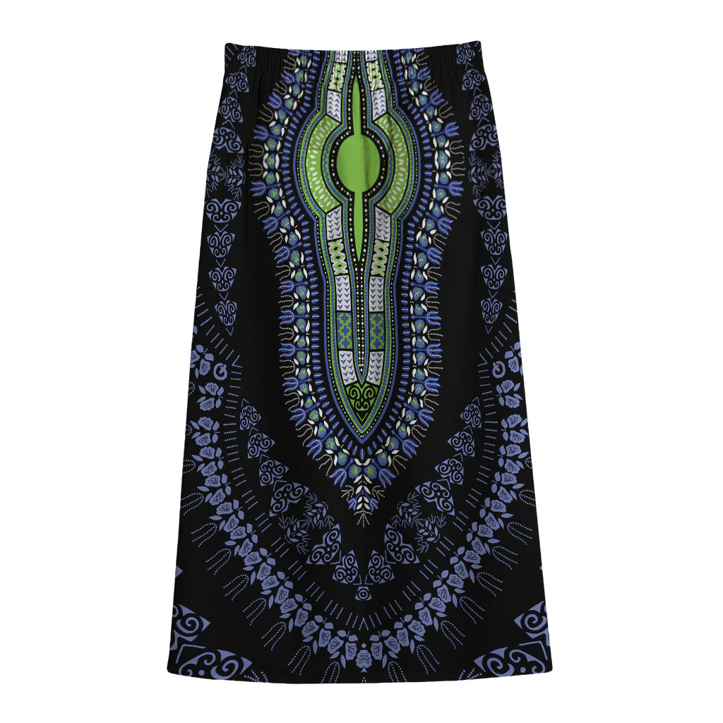 Blue And Black African Dashiki Print Cotton Front Slit Maxi Skirt