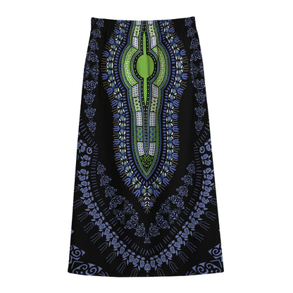 Blue And Black African Dashiki Print Cotton Front Slit Maxi Skirt