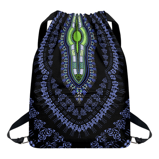 Blue And Black African Dashiki Print Drawstring Backpack