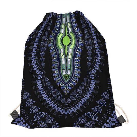 Blue And Black African Dashiki Print Drawstring Bag