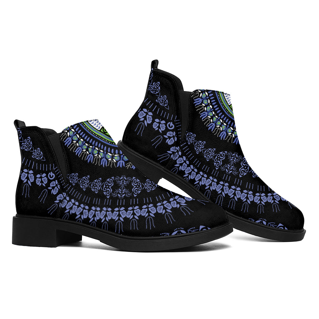 Blue And Black African Dashiki Print Flat Ankle Boots