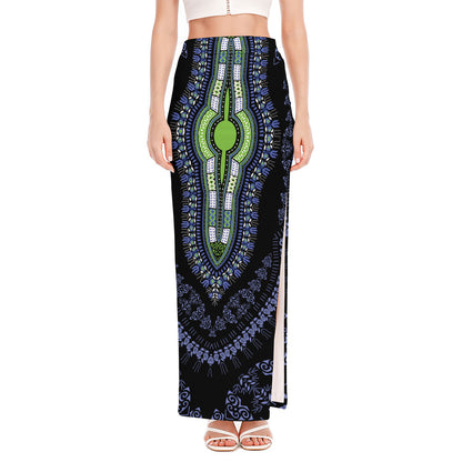 Blue And Black African Dashiki Print High Slit Maxi Skirt
