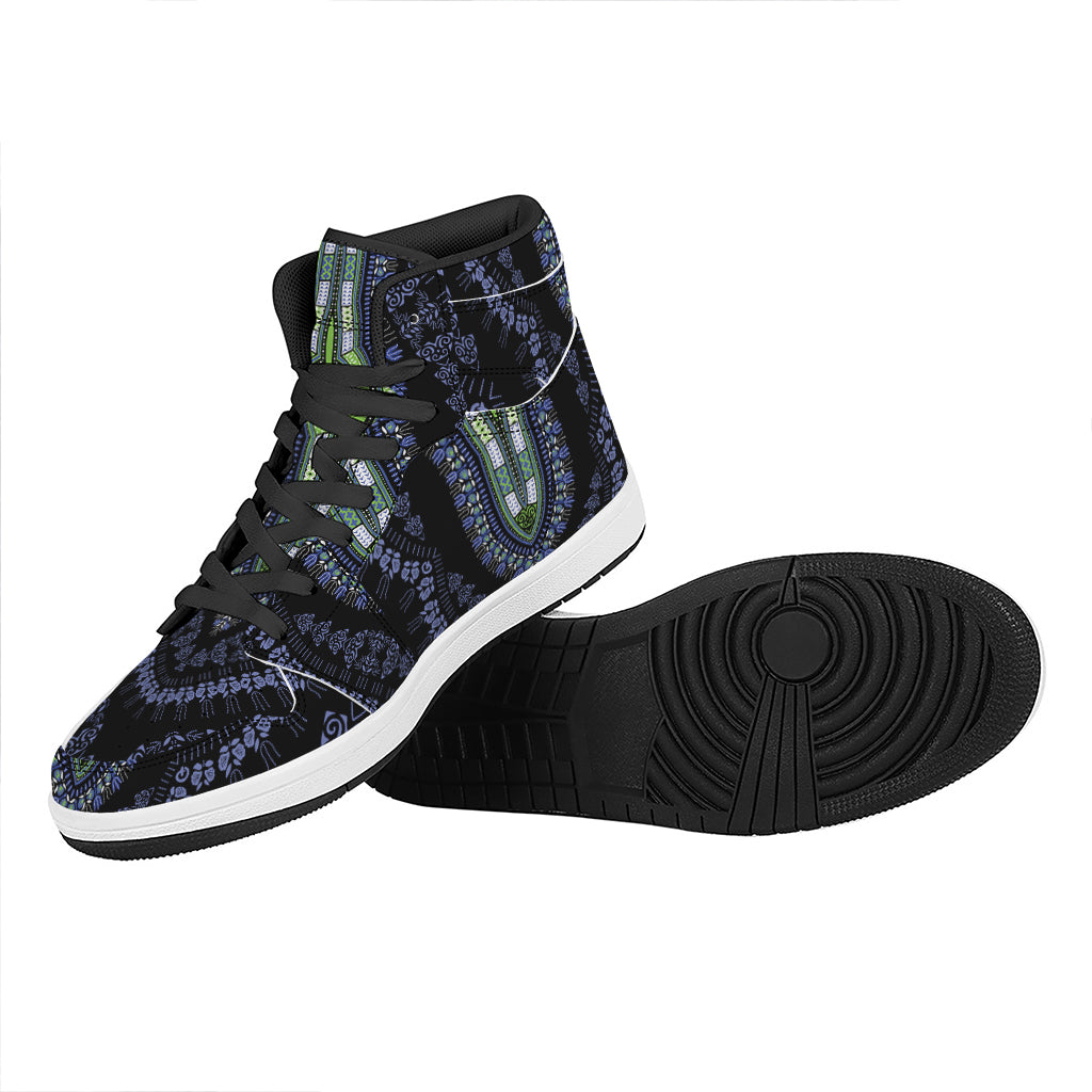 Blue And Black African Dashiki Print High Top Leather Sneakers