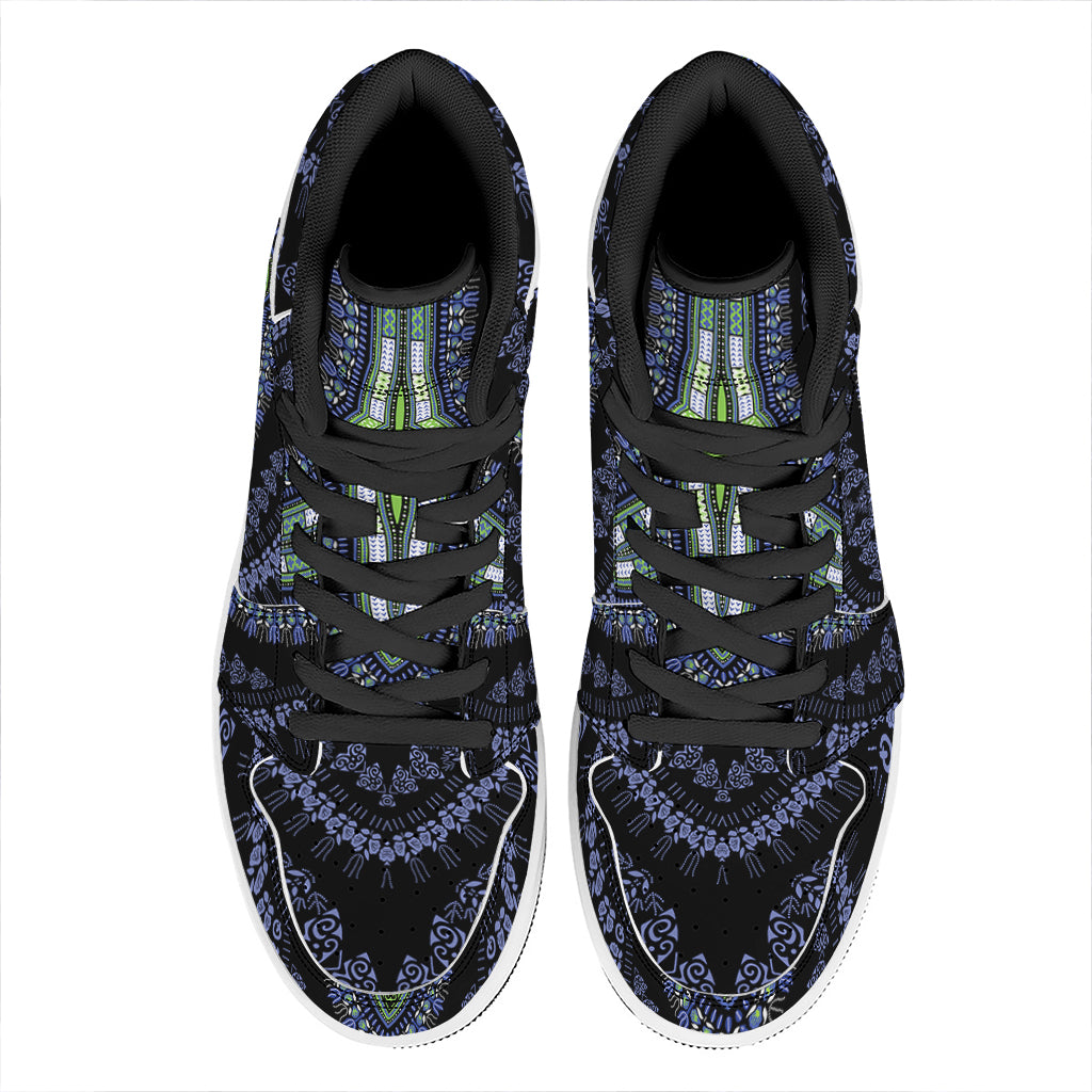 Blue And Black African Dashiki Print High Top Leather Sneakers