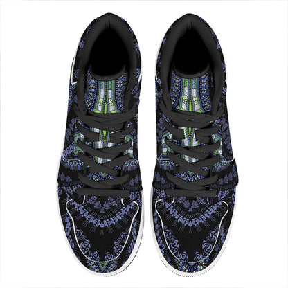 Blue And Black African Dashiki Print High Top Leather Sneakers
