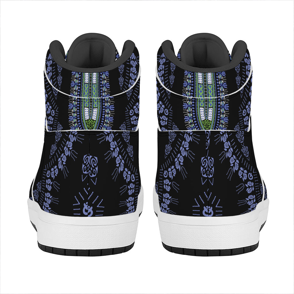 Blue And Black African Dashiki Print High Top Leather Sneakers