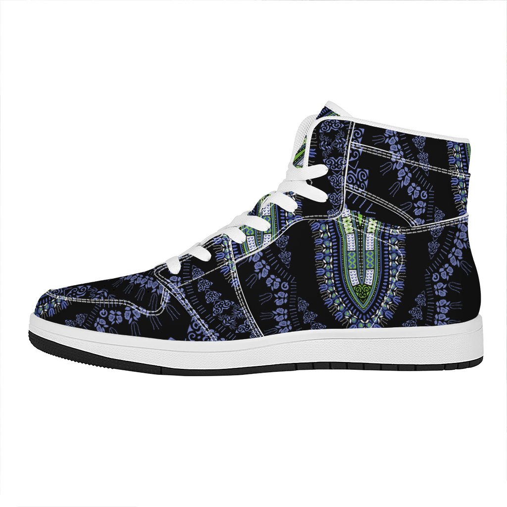 Blue And Black African Dashiki Print High Top Leather Sneakers