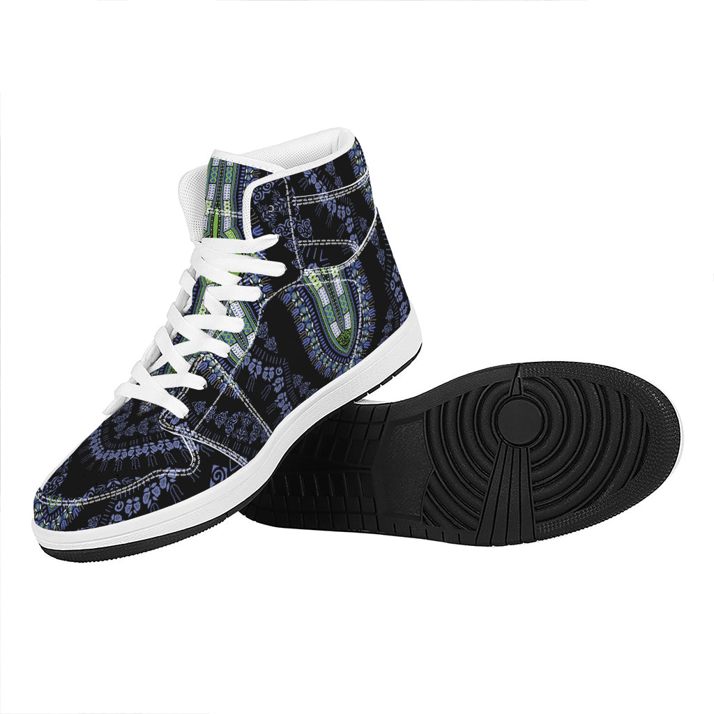 Blue And Black African Dashiki Print High Top Leather Sneakers