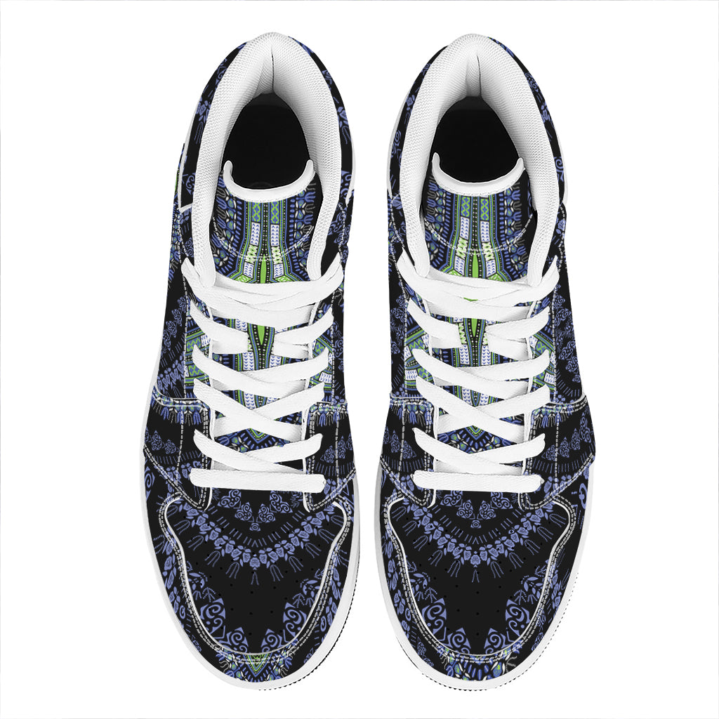 Blue And Black African Dashiki Print High Top Leather Sneakers