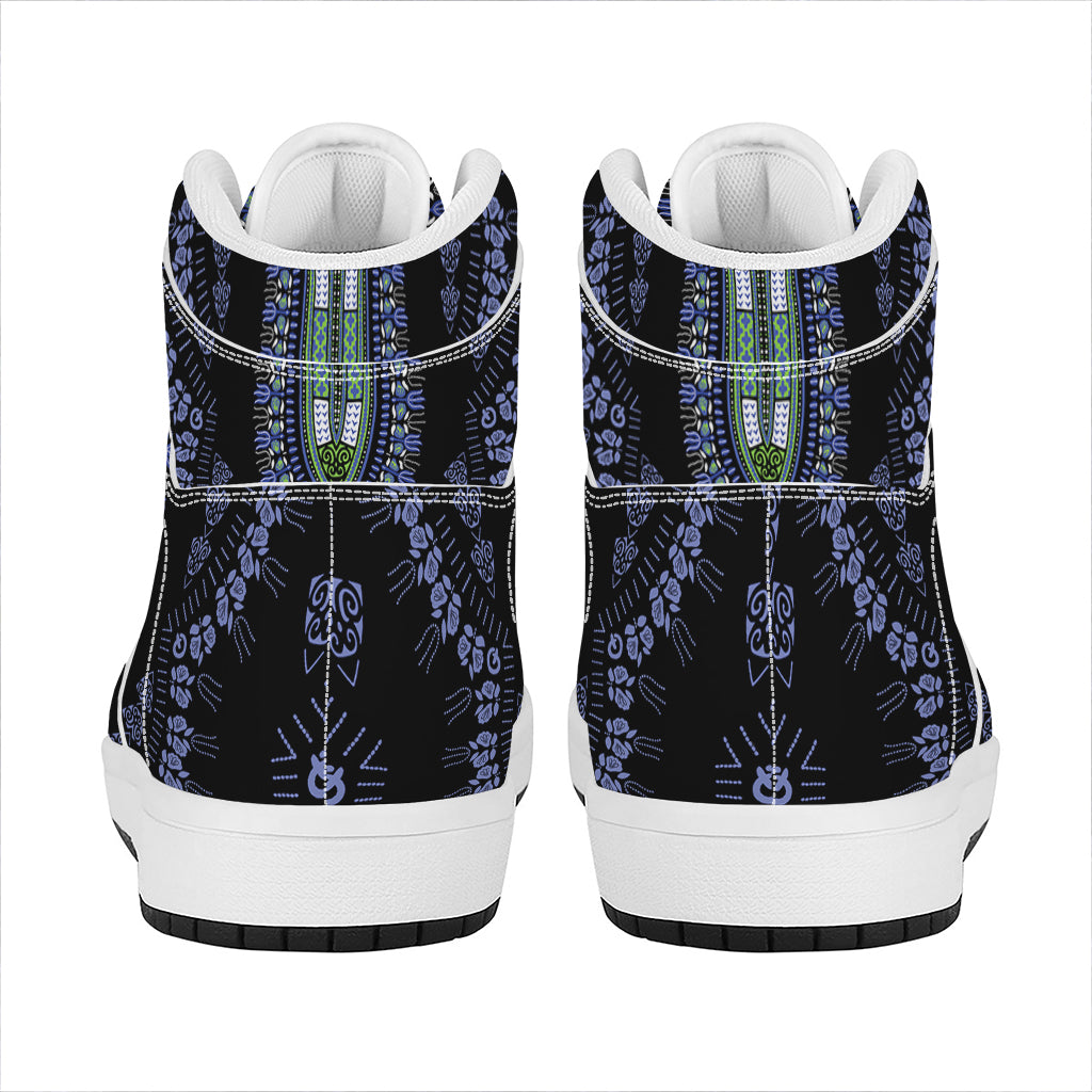 Blue And Black African Dashiki Print High Top Leather Sneakers