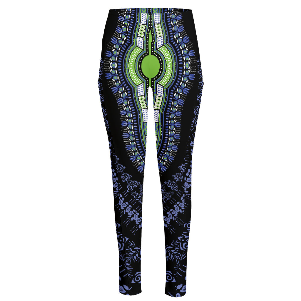 Blue And Black African Dashiki Print High-Waisted Pocket Leggings