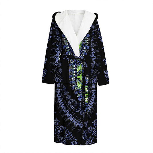 Blue And Black African Dashiki Print Hooded Bathrobe