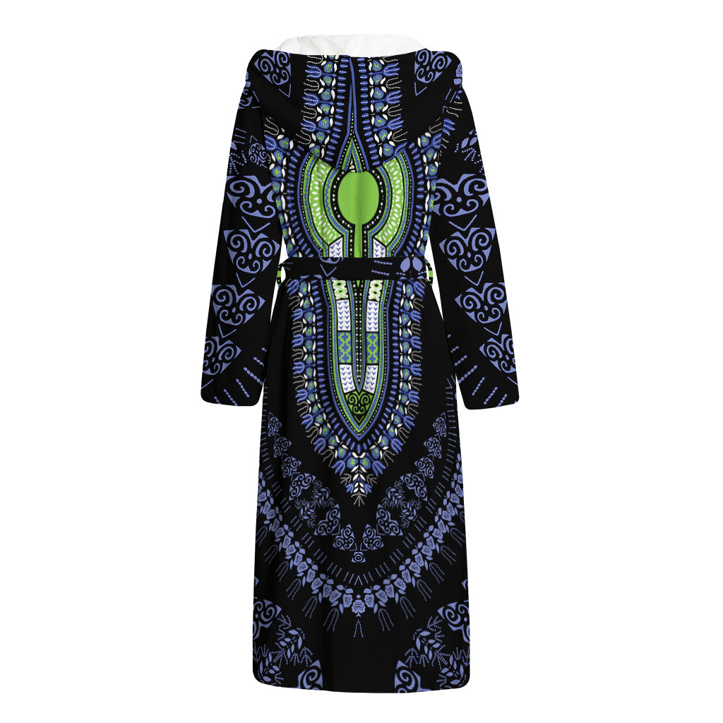 Blue And Black African Dashiki Print Hooded Bathrobe