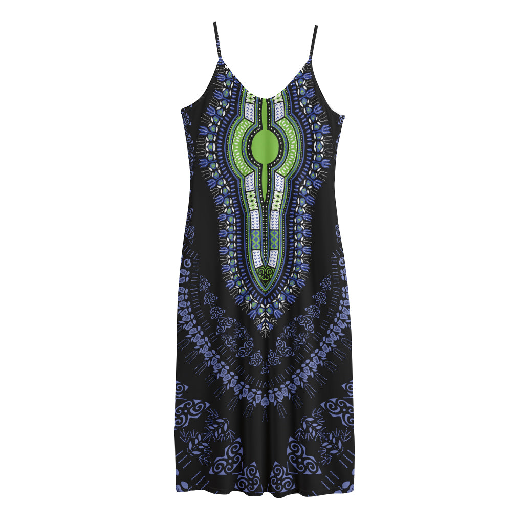 Blue And Black African Dashiki Print Jersey Midi Cami Dress