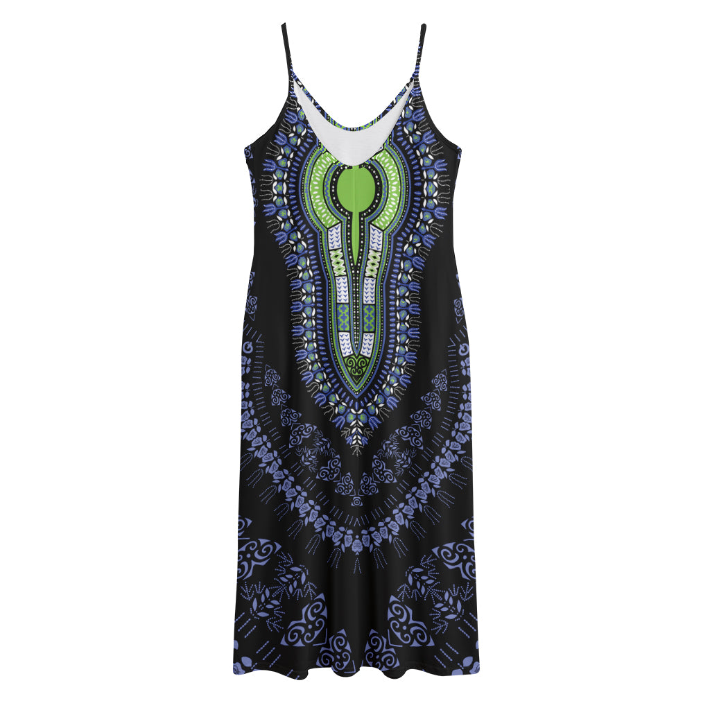 Blue And Black African Dashiki Print Jersey Midi Cami Dress