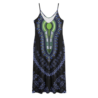 Blue And Black African Dashiki Print Jersey Midi Cami Dress