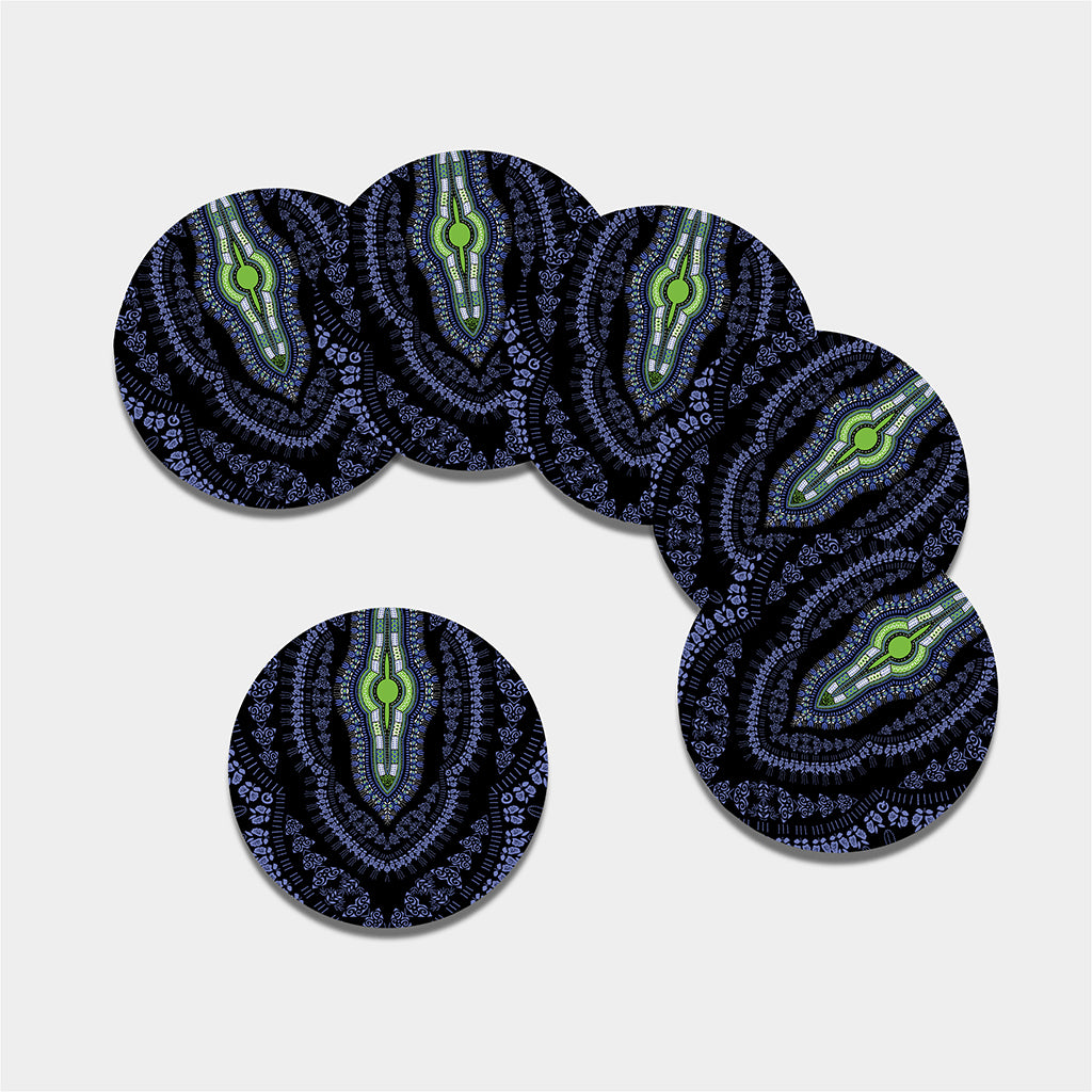 Blue And Black African Dashiki Print Leather Coaster Set