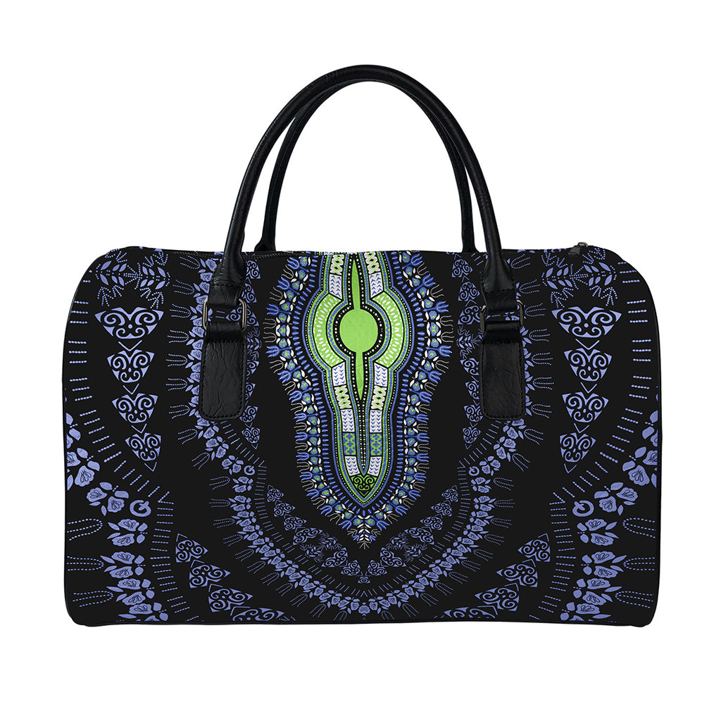 Blue And Black African Dashiki Print Leather Duffle Bag