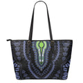 Blue And Black African Dashiki Print Leather Tote Bag With Zipper