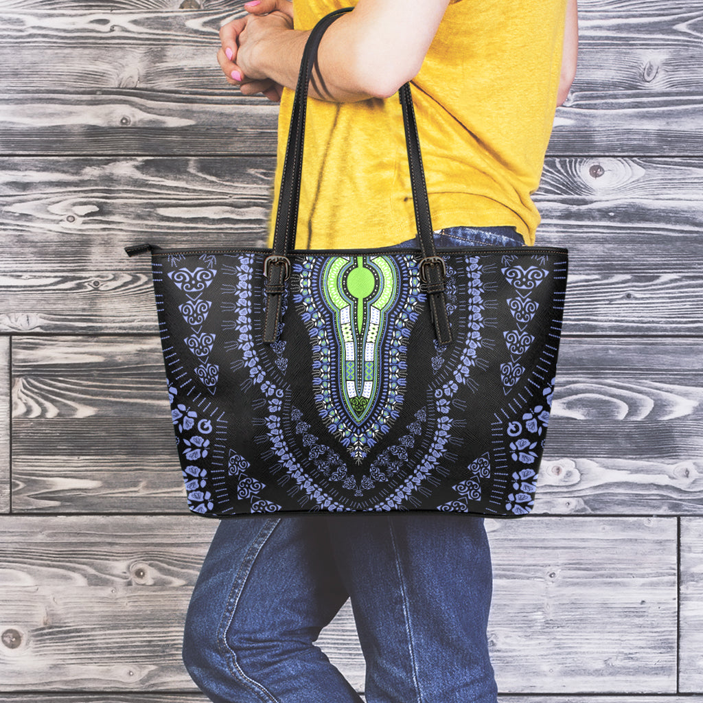 Blue And Black African Dashiki Print Leather Tote Bag