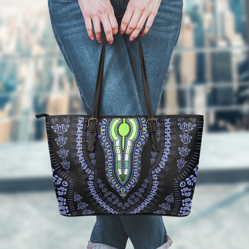 Blue And Black African Dashiki Print Leather Tote Bag