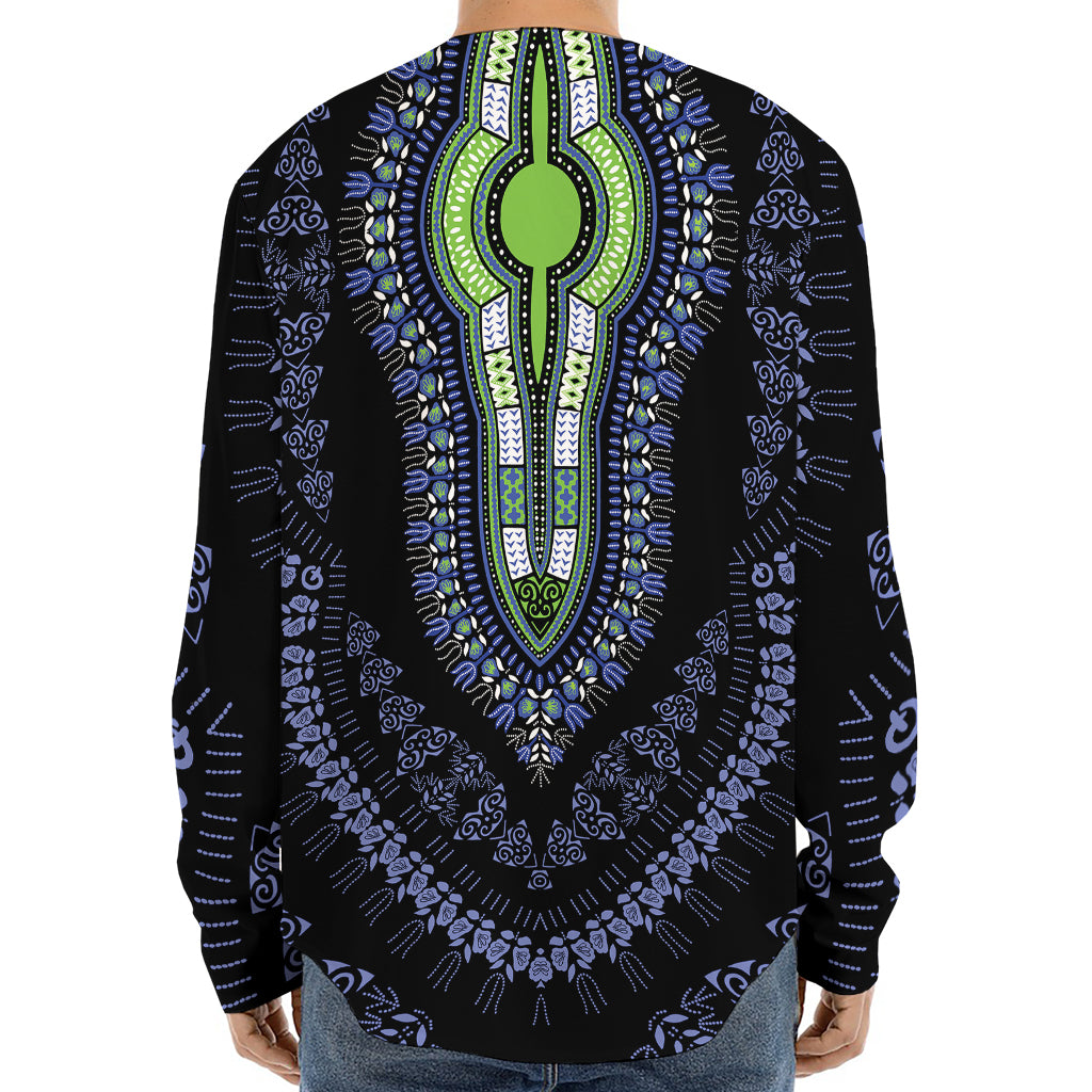 Blue And Black African Dashiki Print Long Sleeve Baseball Jersey