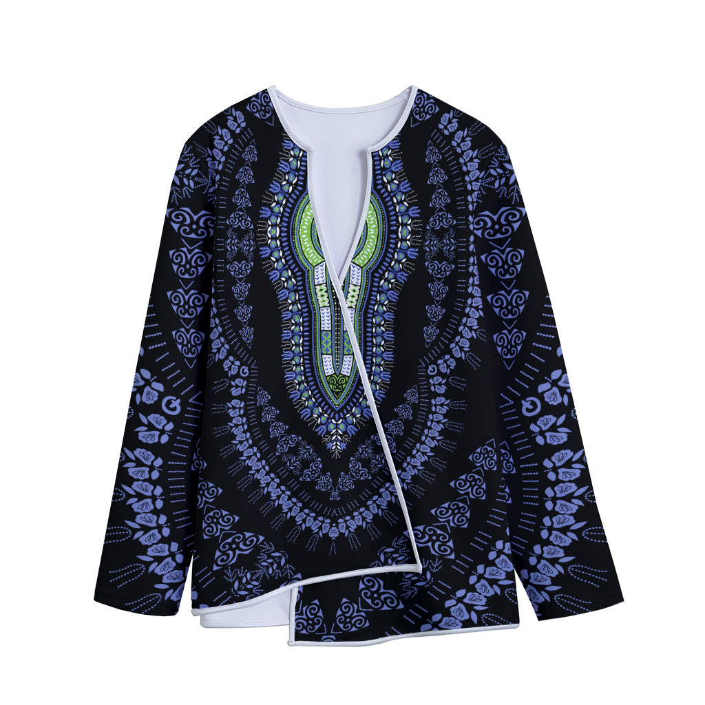Blue And Black African Dashiki Print Long Sleeve Short Coat