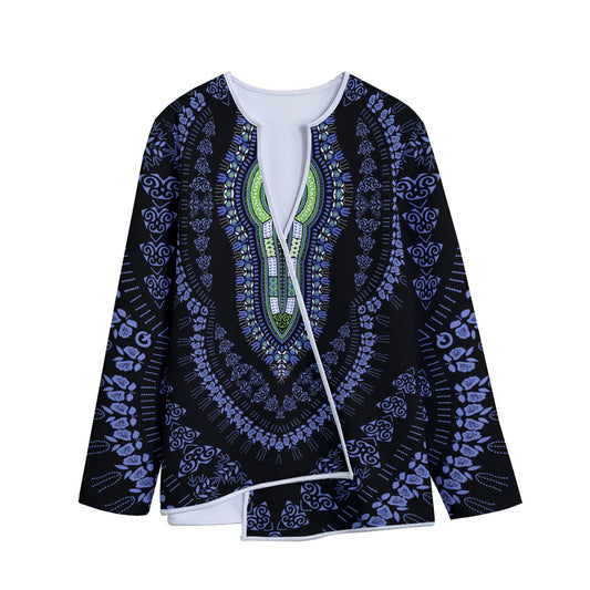 Blue And Black African Dashiki Print Long Sleeve Short Coat