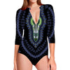 Blue And Black African Dashiki Print Long Sleeve Swimsuit