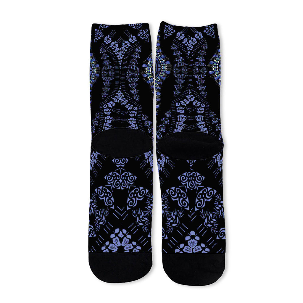 Blue And Black African Dashiki Print Long Socks