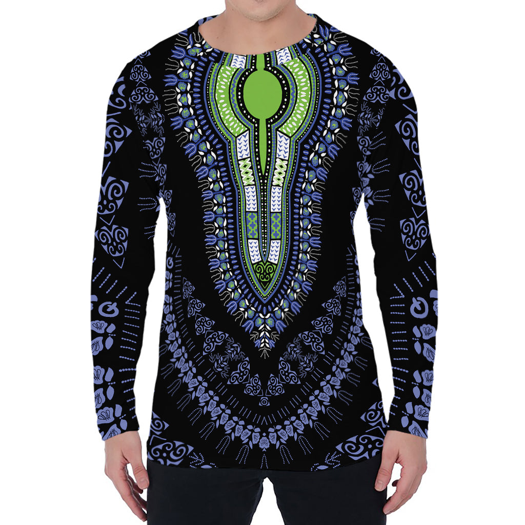Blue And Black African Dashiki Print Men's Long Sleeve T-Shirt