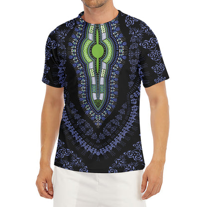 Blue And Black African Dashiki Print Men's Short Sleeve Rash Guard
