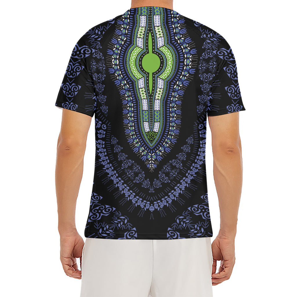 Blue And Black African Dashiki Print Men's Short Sleeve Rash Guard