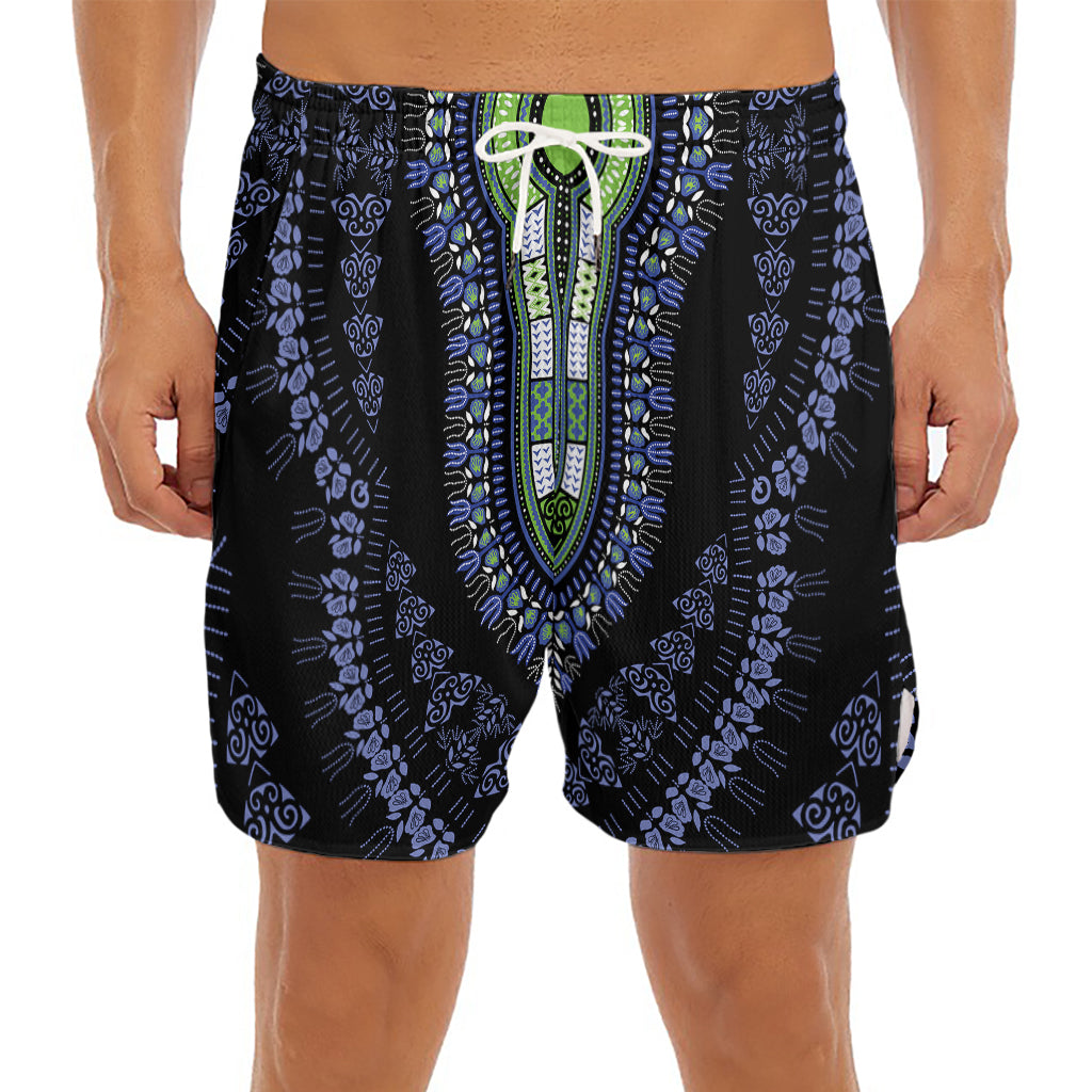 Blue And Black African Dashiki Print Men's Split Running Shorts